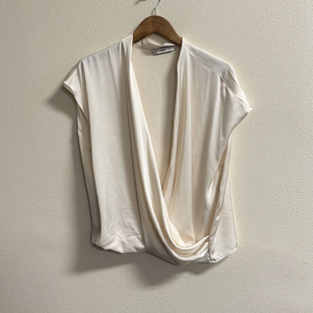 MNG Mango Womens US16 Ivory Draped Faux Wrap Blouse Short Sleeve Top